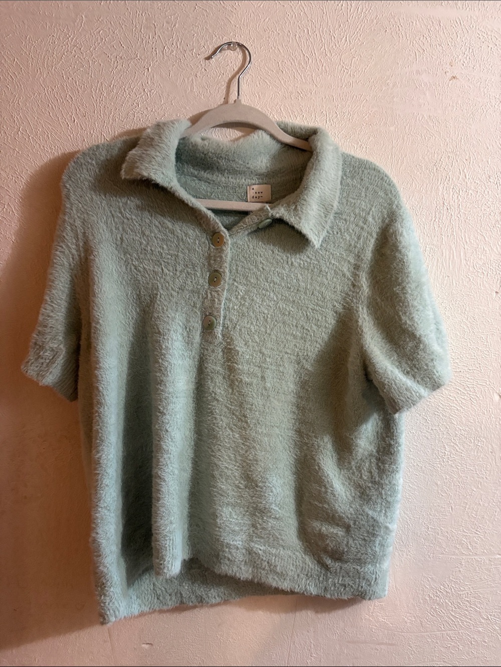 a new day Plush Short-Sleeve V-Neck Polo Sweater in Light Mint